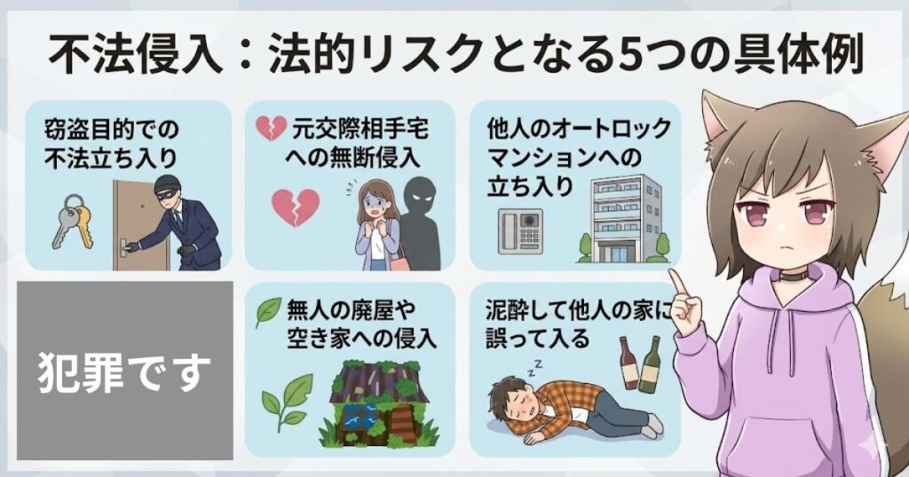 「不法侵入：法的リスクとなる5つの具体例」の解説画像。空き巣目的や元交際相手宅への無断侵入、泥酔して間違えて入るなどの5つのイラストと、解説する猫耳キャラクターの姿。