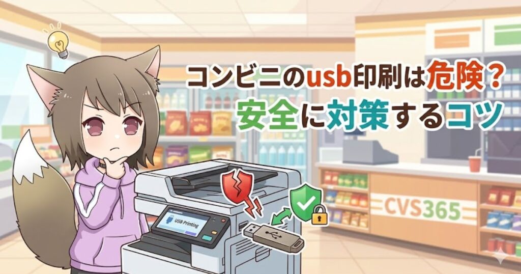 アニメ調のキャラクターが、コンビニのコピー機でUSB印刷をする際のリスクと安全対策について考えているイラスト。