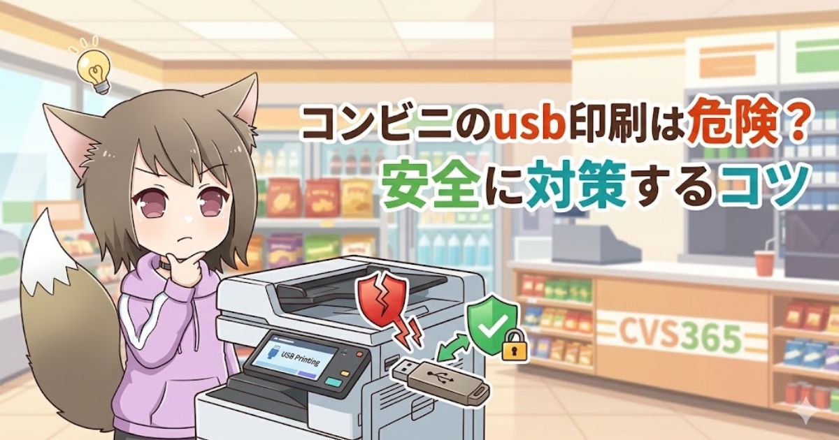 アニメ調のキャラクターが、コンビニのコピー機でUSB印刷をする際のリスクと安全対策について考えているイラスト。
