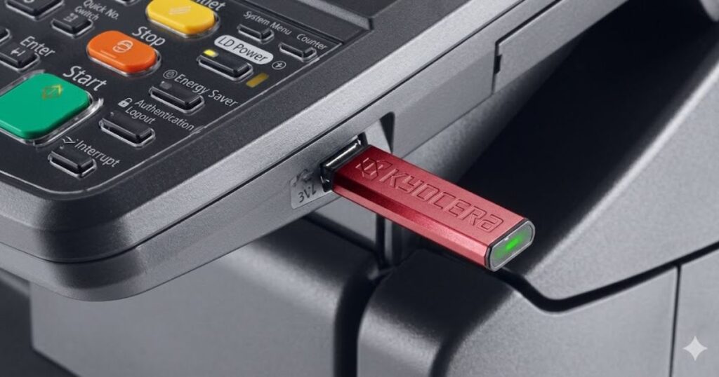 複合機のUSBポートに赤い「KYOCERA」ブランドのUSBメモリが差し込まれ、アクセスランプが緑色に点灯しているクローズアップ写真。
