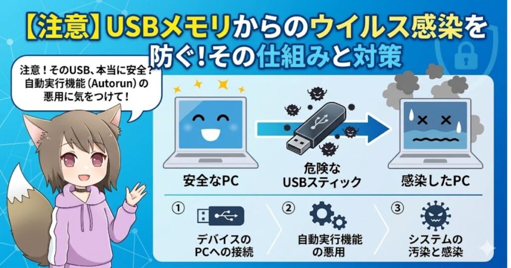 USBメモリからPCへのウイルス感染経路と、その対策（自動実行機能の無効化など）を説明する、猫耳キャラクター付きの図解イラスト。
