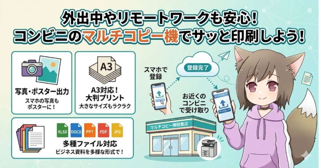 コンビニのマルチコピー機を使って、スマホから写真やビジネス資料を簡単に印刷できることを説明する、猫耳キャラクター入りの図解イラスト。