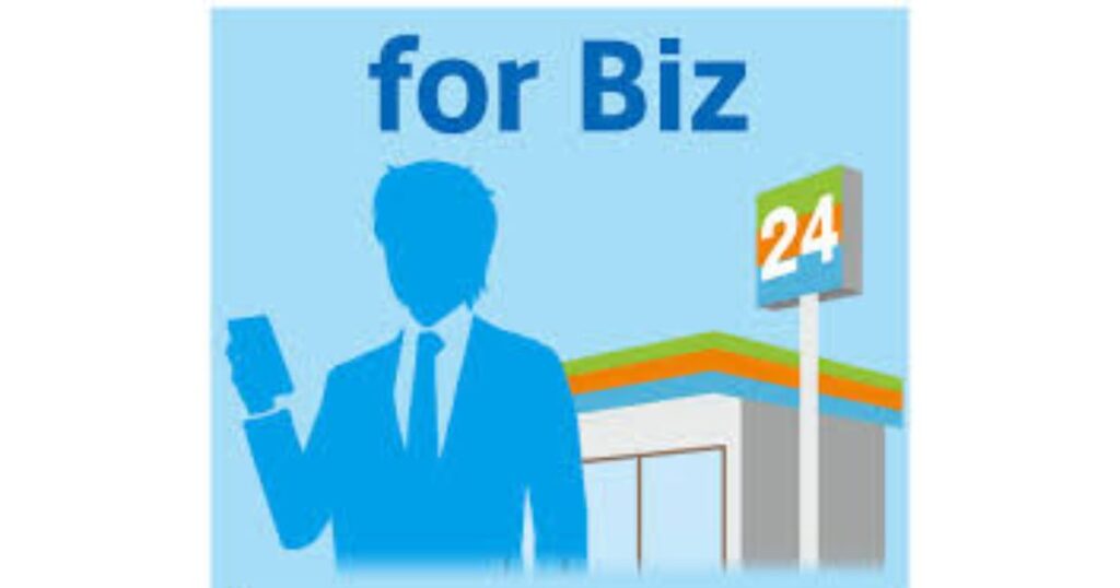 スマートフォンを手にしたビジネスパーソンのシルエットと、24時間営業のコンビニエンスストアの店舗外観を描いた、ビジネス向けサービスのイメージイラスト。