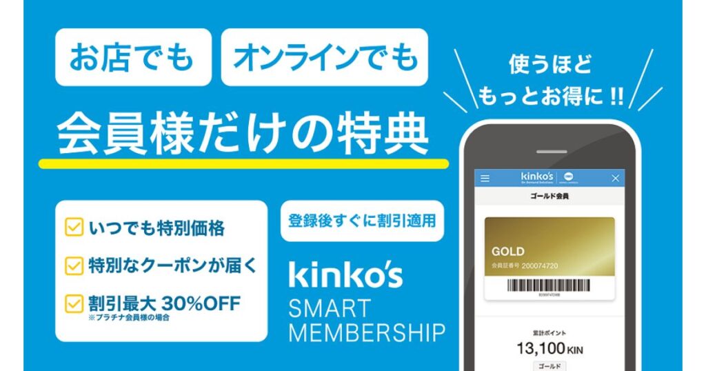 キンコーズ・スマートメンバーシップの会員特典を説明する青い画像。特別価格、クーポン、割引などの特典が書かれている。スマホのゴールド会員証がある。