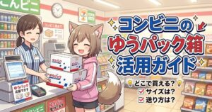 コンビニのレジで店員からゆうパックの箱を受け取り、笑顔を浮かべるケモ耳の女の子が描かれたブログ用アイキャッチ画像。「コンビニのゆうパック箱活用ガイド」の文字。