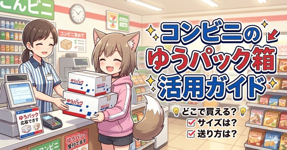 コンビニのレジで店員からゆうパックの箱を受け取り、笑顔を浮かべるケモ耳の女の子が描かれたブログ用アイキャッチ画像。「コンビニのゆうパック箱活用ガイド」の文字。