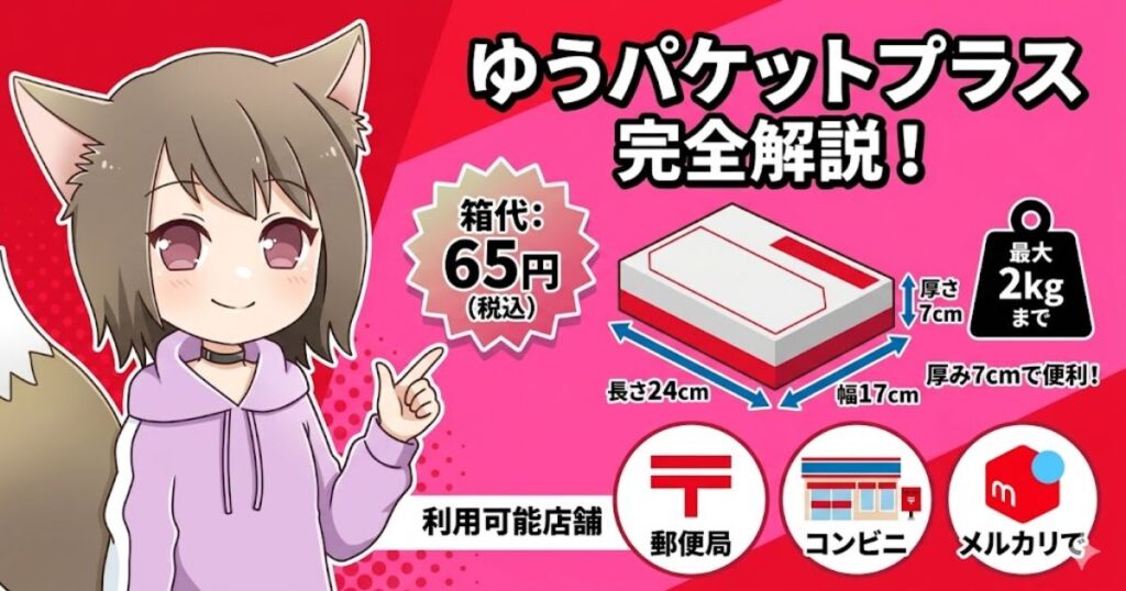 ピンクの背景に「ゆうパケットプラス完全解説！」と書かれたアイキャッチ画像。左側には人差し指を立てて解説するケモ耳の女の子、中央には箱のサイズや値段のイラスト。