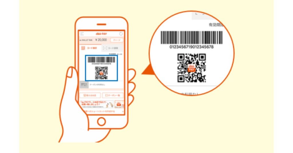 スマートフォンの画面に表示されたau PAYの支払い用バーコードおよびQRコードの画面を拡大して示している解説イラスト。