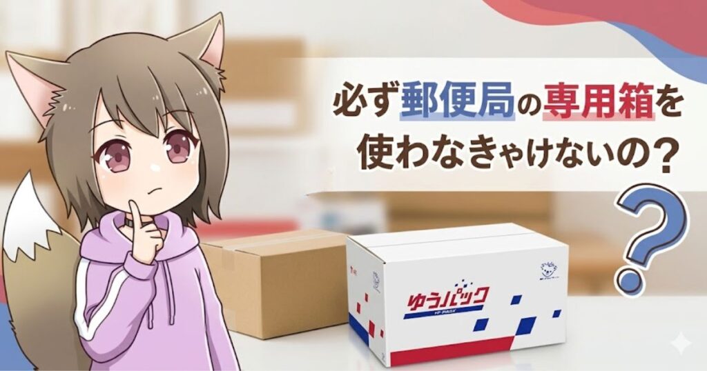 人差し指を顎に当てて疑問を浮かべるケモ耳の女の子が描かれたアイキャッチ画像。「必ず郵便局の専用箱を使わなきゃいけないの？」の文字と、手前に置かれたゆうパックの箱。