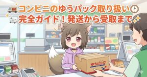 コンビニのレジでゆうパックの箱を笑顔で受け取るケモ耳の女の子と、店員のイラスト。上部に「コンビニのゆうパック取り扱い完全ガイド！発送から受取まで」の文字。