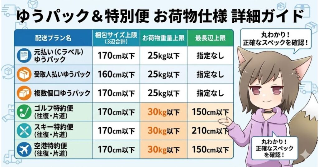 「ゆうパック&特別便 お荷物仕様 詳細ガイド」の表。元払い、受取人払い、複数個口、ゴルフ・スキー・空港特約便のサイズ・重量上限の一覧と、解説するケモ耳の女の子のイラスト。