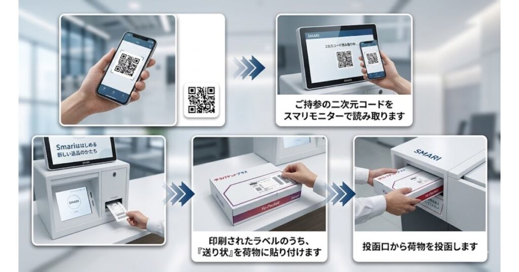 スマリボックス(Smari)の利用手順。スマホの二次元コードを読み取らせ、印刷されたラベルを荷物に貼り付け、専用の投函口から荷物を投入するまでの一連の流れ。